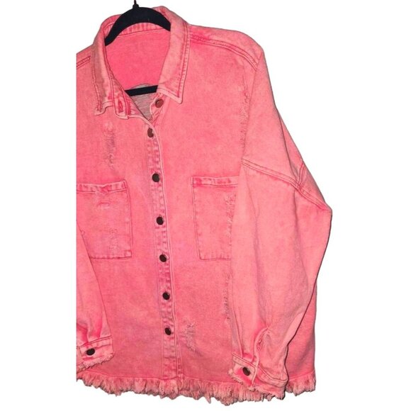 Vintage Pink Distressed Denim Jacket With Frayed Hem & Button Front Large - Picture 2 of 9